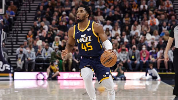 Utah Jazz guard Donovan Mitchell (45) brings the ball up the court during the second quarter against the Orlando Magic at Vivint Arena.